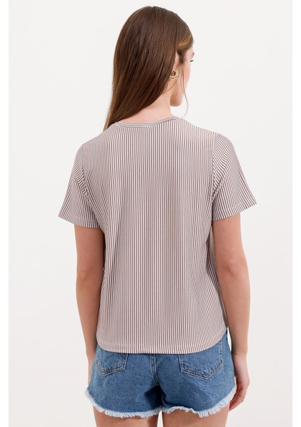 4313 Çizgili Basic Tişört - Kahverengi fırsatları