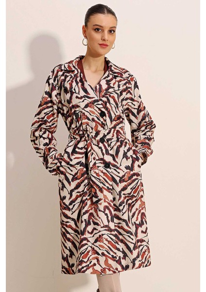 5853 Desenli Kruvaze Yaka Trençkot - C. Bej