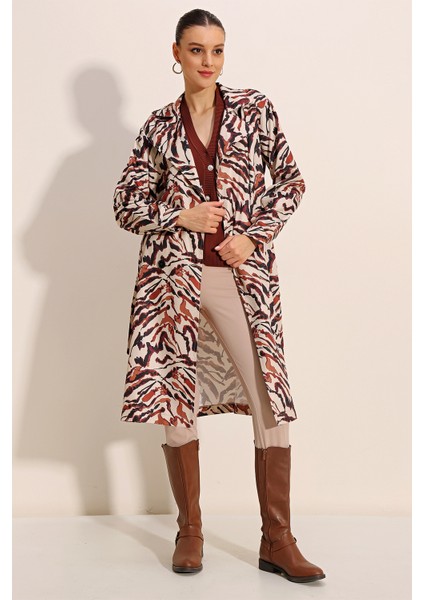 5853 Desenli Kruvaze Yaka Trençkot - C. Bej fiyatları