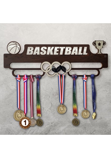 Clever Toys Basketbol Madalya Askısı / Basketball Sporcu Ödül Duvar Askılı Madalyalık Kahverengi Madalya Tutucu