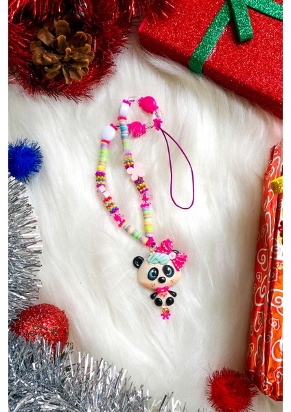 Fiyonka Handmade Creations Sevimli Panda Charm Telefon Ipi, Boncuklu Telefon Charmı