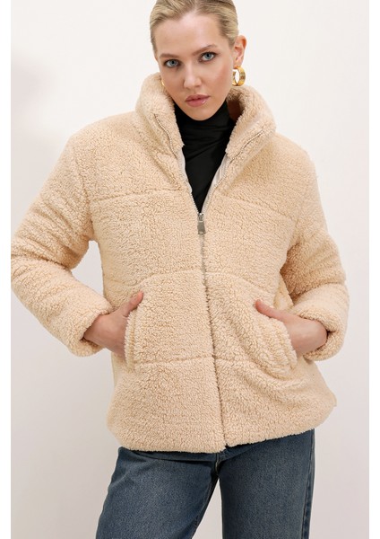 5178 Astarlı Peluş Mont - Krem
