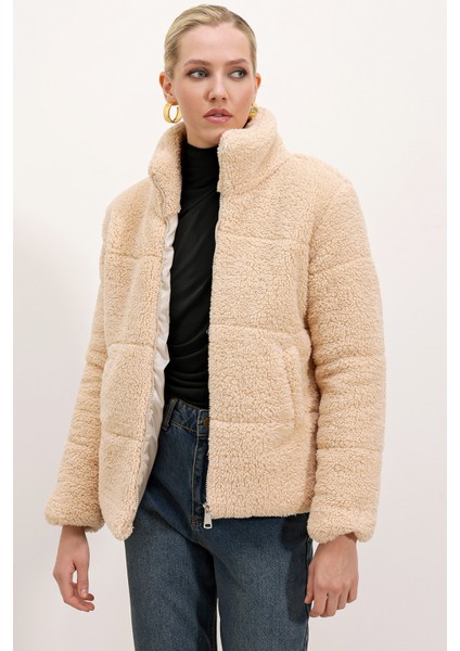 5178 Astarlı Peluş Mont - Krem