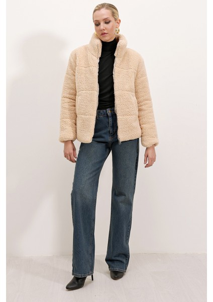 5178 Astarlı Peluş Mont - Krem
