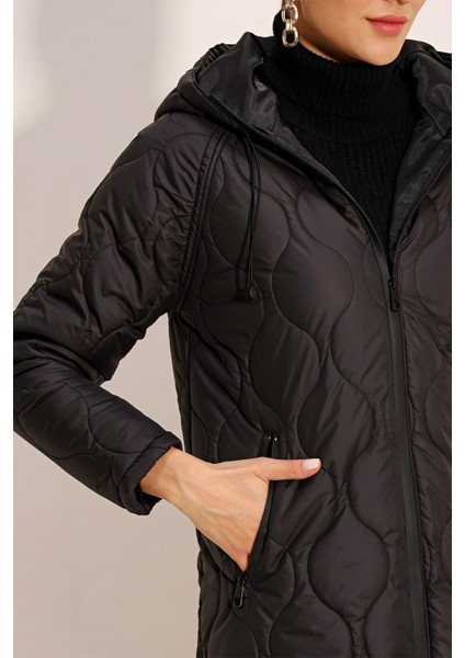 5177 Kapüşonlu Uzun Kapitone Mont - Siyah indirimleri