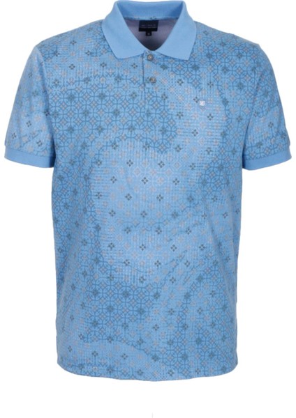 Erkek Polo Yaka Tişört Mavi Slim Fit Ribanalı Kol Pamuklu Baskılı T-Shirt Ncs Jeans 1252