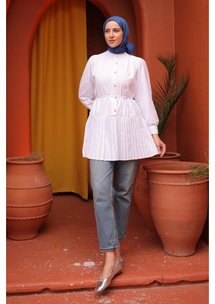 Beyaz Piliseli Poplin Tunik modelleri