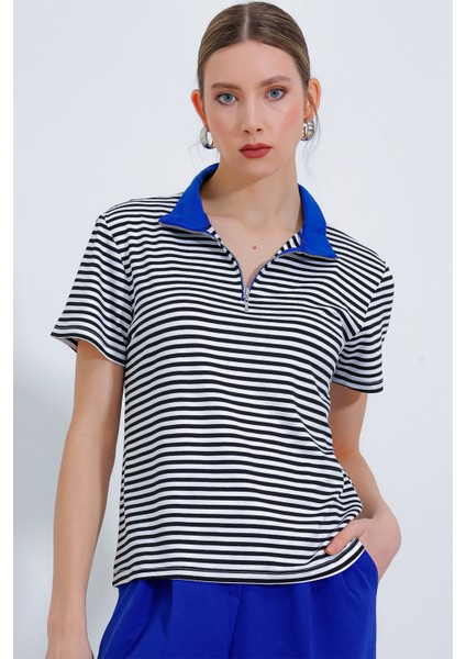 Kadın Saks Polo Yaka Fermuarlı Çizgili Tişört 0497