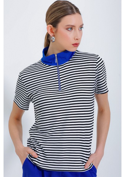Kadın Saks Polo Yaka Fermuarlı Çizgili Tişört 0497 modelleri