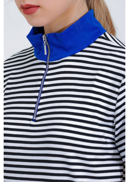 Kadın Saks Polo Yaka Fermuarlı Çizgili Tişört 0497 fırsatları