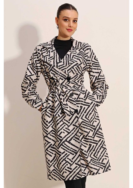 5853 Desenli Kruvaze Yaka Trençkot - C.beyaz