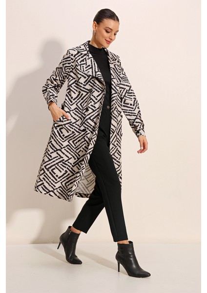 5853 Desenli Kruvaze Yaka Trençkot - C.beyaz modelleri