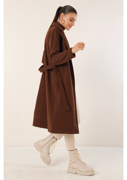 9118 Kruvaze Yaka Kaşe Kaban - Kahverengi fiyatları