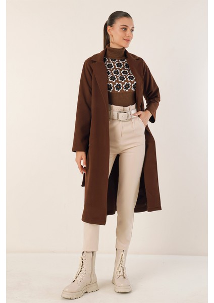 9118 Kruvaze Yaka Kaşe Kaban - Kahverengi fırsatları