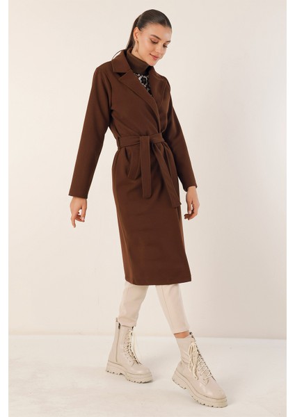 9118 Kruvaze Yaka Kaşe Kaban - Kahverengi indirimleri