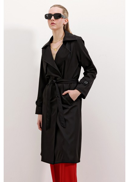 5918 Kruvaze Yaka Trençkot - Siyah fiyatları