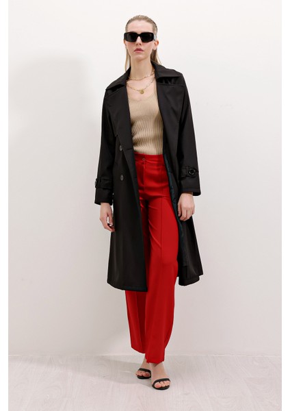 5918 Kruvaze Yaka Trençkot - Siyah modelleri