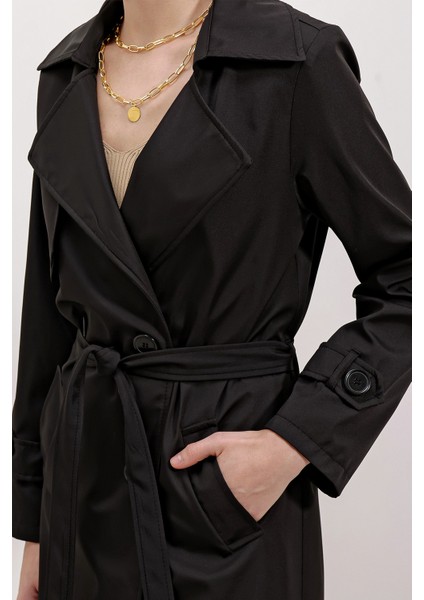 5918 Kruvaze Yaka Trençkot - Siyah fırsatları