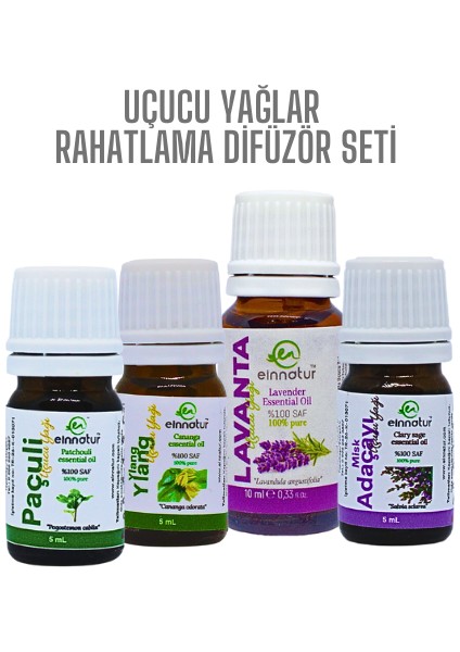 Uçucu Yağlar Rahatlama Difüzör Seti, Lavanta, Ylang ylang, Misk Adaçayı Ve Paçuli Uçucu Yağları