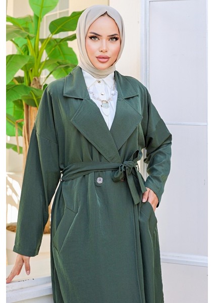 Kruvaze Yaka Kuşaklı Ayrobin Trenç 897 - Haki fiyatları