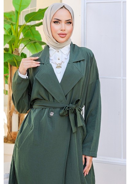 Kruvaze Yaka Kuşaklı Ayrobin Trenç 897 - Haki fırsatları