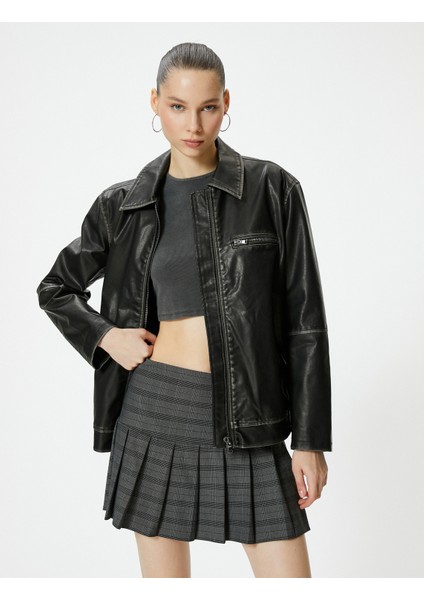 Oversize Suni Deri Ceket Eskitilmiş Görünümlü Fermuarlı Gömlek Yaka Cepli fiyatları