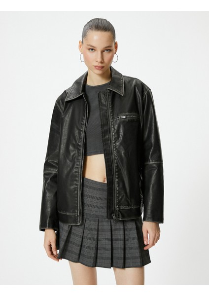 Oversize Suni Deri Ceket Eskitilmiş Görünümlü Fermuarlı Gömlek Yaka Cepli modelleri