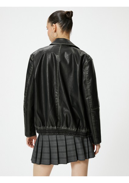 Oversize Suni Deri Ceket Eskitilmiş Görünümlü Fermuarlı Gömlek Yaka Cepli fırsatları