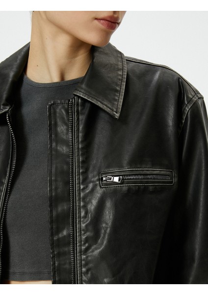 Oversize Suni Deri Ceket Eskitilmiş Görünümlü Fermuarlı Gömlek Yaka Cepli indirimleri