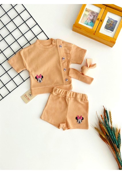 Naffa Baby Petek Kumaş Minnie Kabartma Desen Saç Bantlı Yazlık Takım Somon