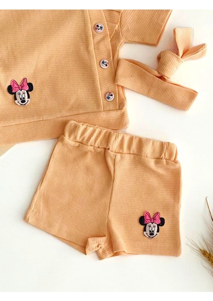 Naffa Baby Petek Kumaş Minnie Kabartma Desen Saç Bantlı Yazlık Takım Somon modelleri
