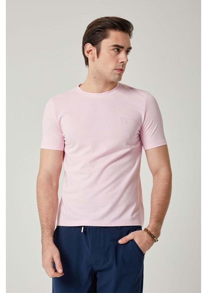Sıfır Yaka Bisiklet Yaka Likralı Pembe Erkek Tshirt