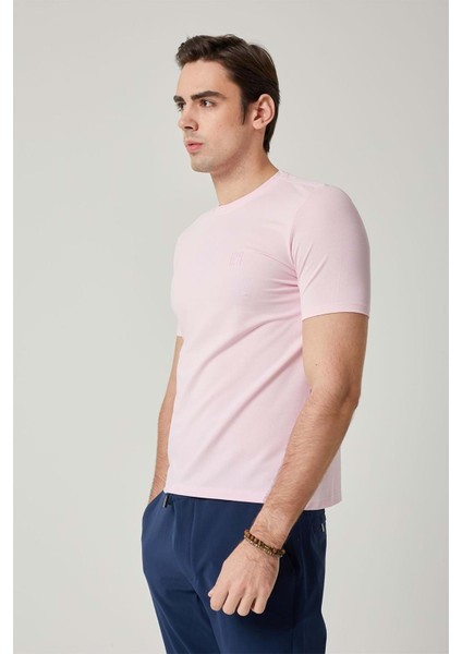 Sıfır Yaka Bisiklet Yaka Likralı Pembe Erkek Tshirt