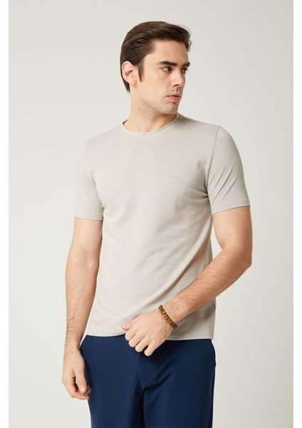 Sıfır Yaka Bisiklet Yaka Likralı Krem Erkek Tshirt