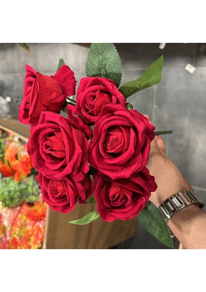 7li Açık Kadife Gül Demet Kırmızı (Yapay Çiçektir)