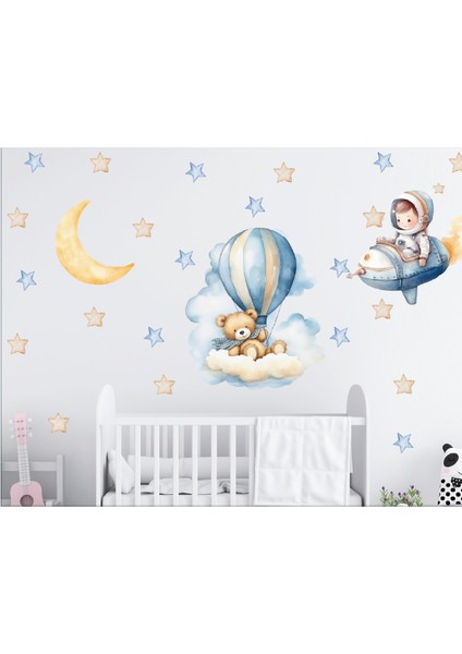 Çocuk Odası Ayıcık ve Astronot Temalı Duvar Sticker Seti
