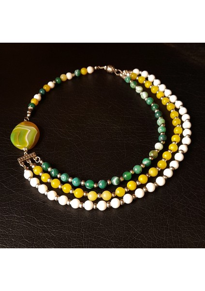 Yeşil Akik Peridot Havlit Üç Sıralı Kolye