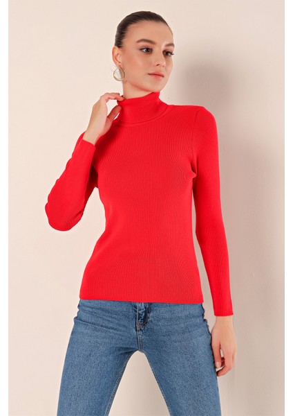 15825 Boğazlı Triko Kazak - Kırmızı