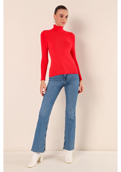 15825 Boğazlı Triko Kazak - Kırmızı fiyatları