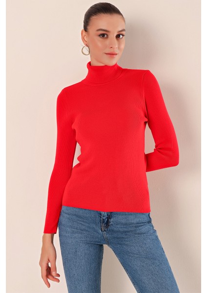 15825 Boğazlı Triko Kazak - Kırmızı fırsatları