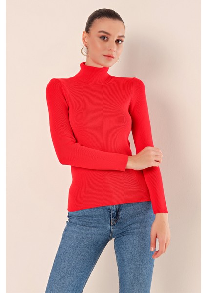 15825 Boğazlı Triko Kazak - Kırmızı indirimleri