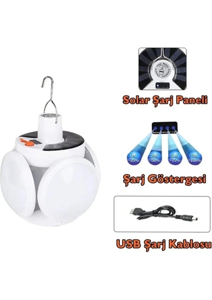 Mr 5 Kanatlı Katlanabilir Solar ve Şarj Edilebilir Su Geçirmez Şarj Göstergeli Lamba