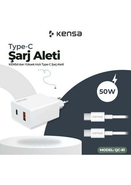 Typc-E Şarj Cihazı Yeni Nesil 50 W USB ve Typc-E Çıkışlı Ultra Güçlü