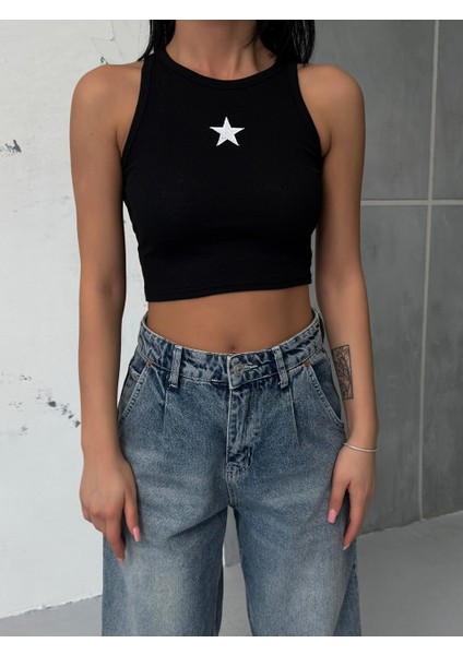 Siyah Yıldız Baskılı Nakışlı Halter Yaka Askılı Tişört Crop
