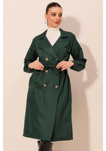 5853 Kruvaze Yaka Trençkot - Zümrüt Yeşili
