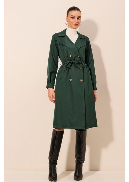 5853 Kruvaze Yaka Trençkot - Zümrüt Yeşili fırsatları