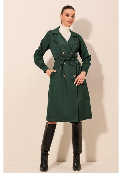 5853 Kruvaze Yaka Trençkot - Zümrüt Yeşili indirimleri
