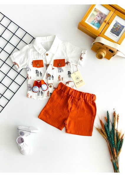 Neşeli Bebekler Safari Baskılı Ouncak Dürbünlü Gömlek Şort Takım Kiremit