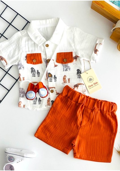 Neşeli Bebekler Safari Baskılı Ouncak Dürbünlü Gömlek Şort Takım Kiremit fiyatları