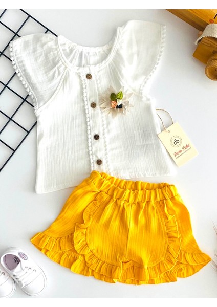 Neşeli Bebekler Bronşlu Reglan Kol Fistolu Müslin Kumaş Badili Fırfırlı Şort Takım Sarı fiyatları